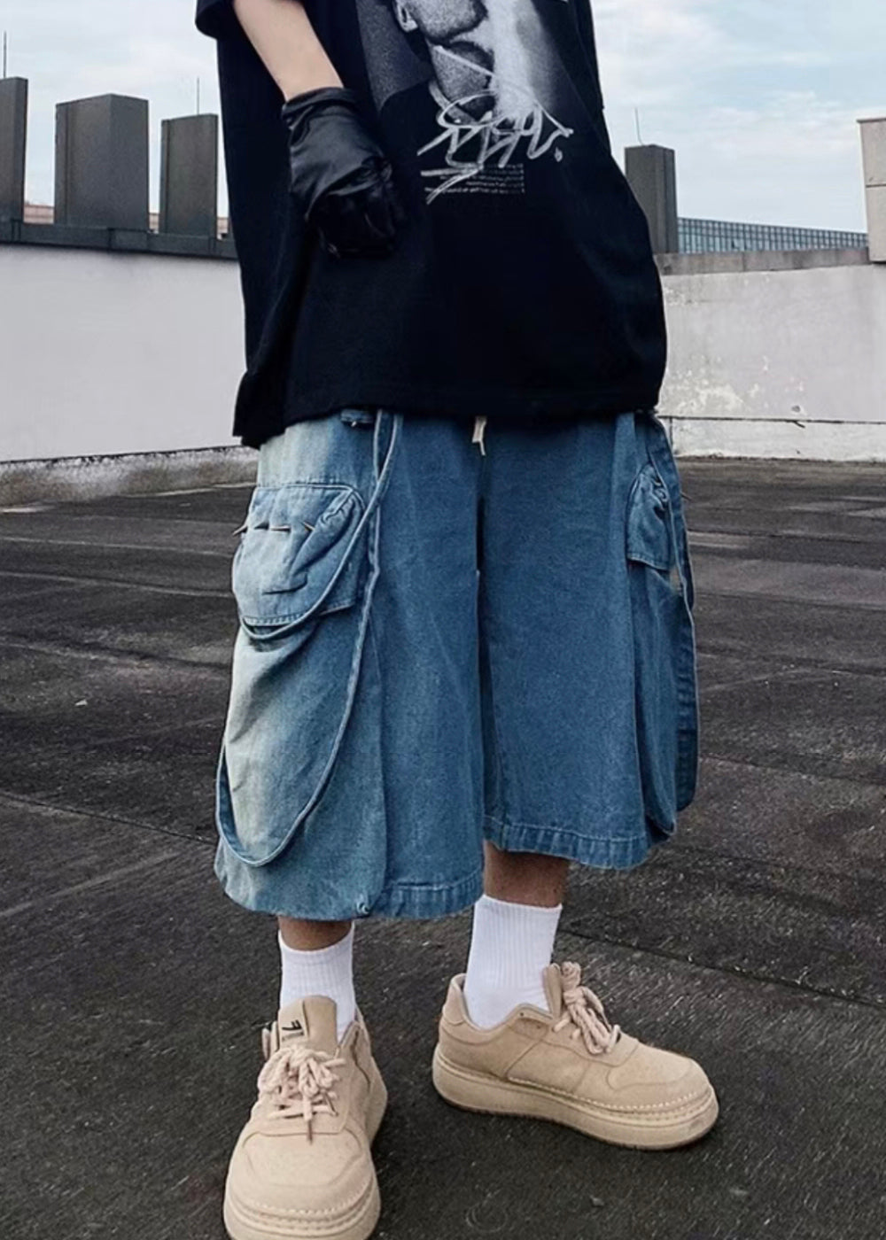 Mens Denim Modern Pockets Summer Shorts Blue Oversized