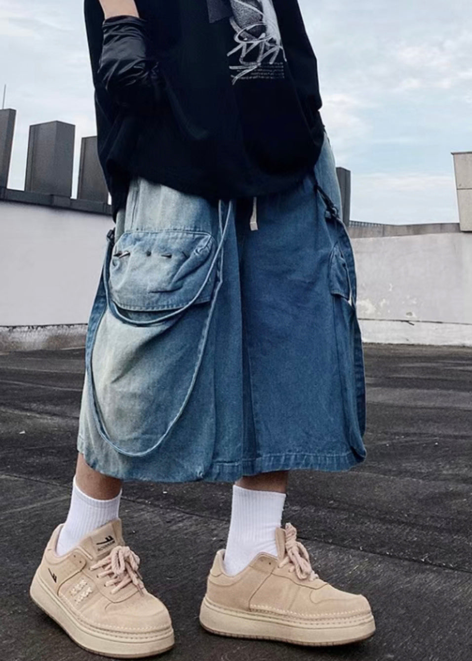 Mens Denim Modern Pockets Summer Shorts Blue Oversized