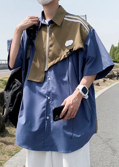 Shirts Cotton Half Sleeve Blue Mens Patchwork Zippered Modern