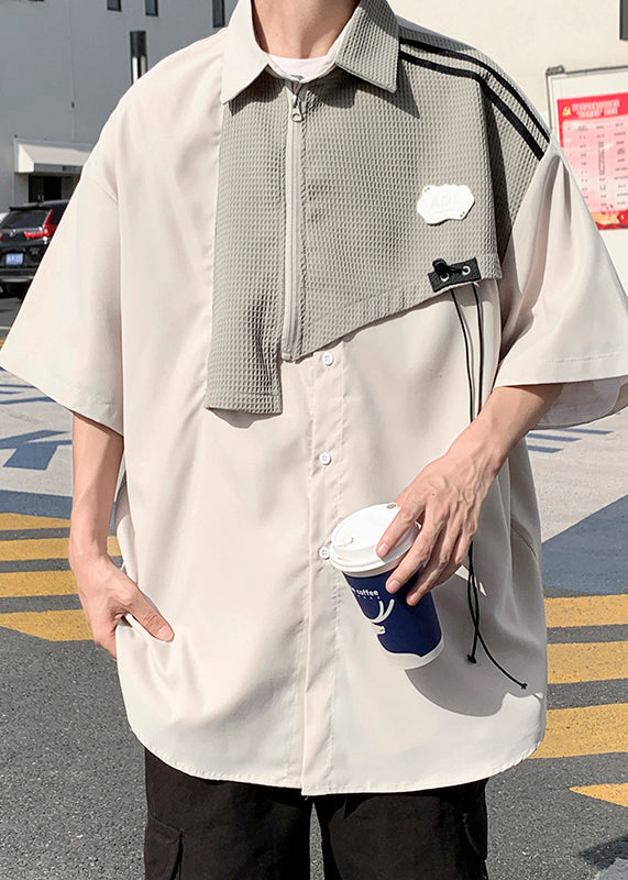 Shirts Cotton Half Sleeve Blue Mens Patchwork Zippered Modern