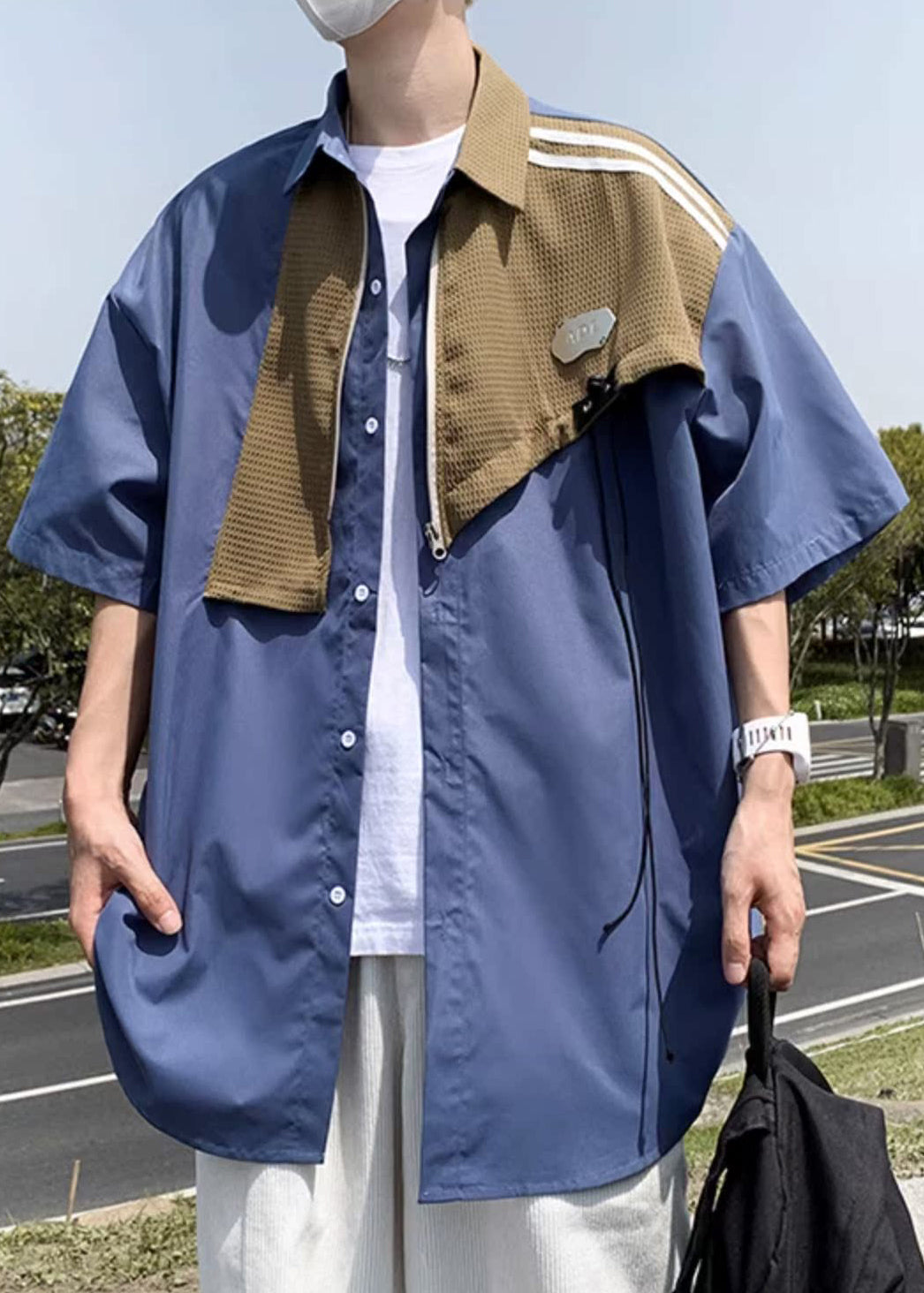 Shirts Cotton Half Sleeve Blue Mens Patchwork Zippered Modern