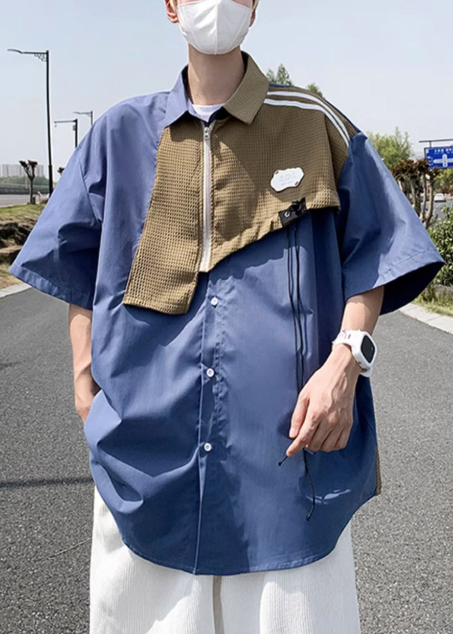 Shirts Cotton Half Sleeve Blue Mens Patchwork Zippered Modern