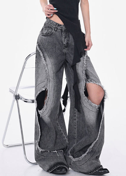 Pockets Modern Hole Fall Denim Gray Pants Waist High Dark