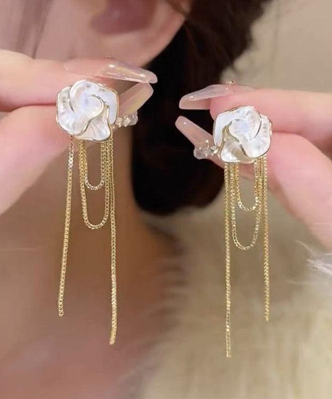 Modern Gold Copper Alloy Camellia Tassel Drop Earrings ET024