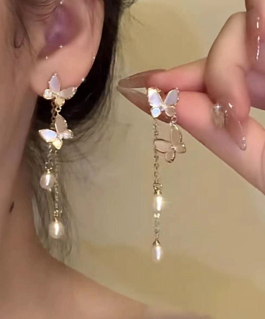 Modern Pearl Alloy Copper Drop Tassel Earrings Gold Butterfly