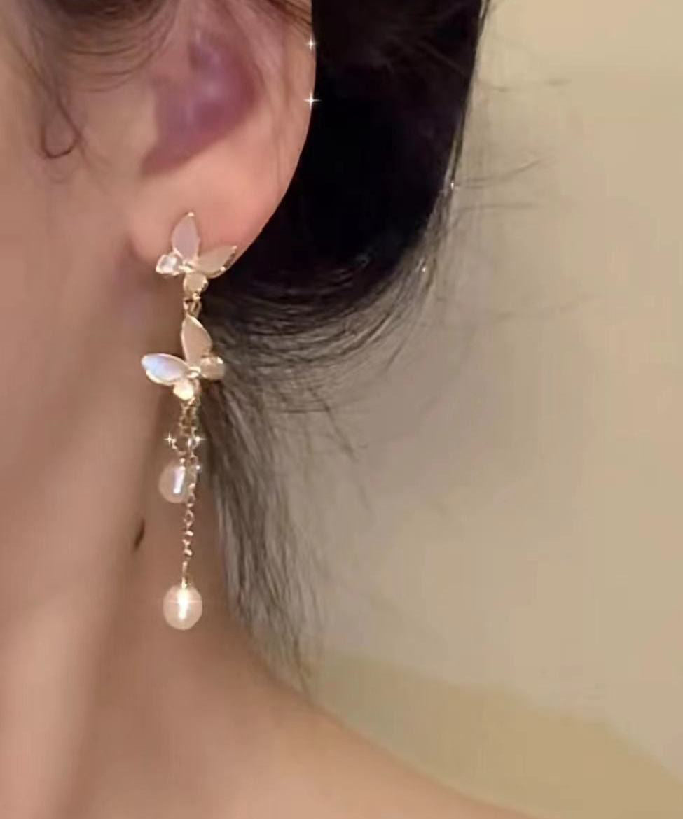 Modern Pearl Alloy Copper Drop Tassel Earrings Gold Butterfly