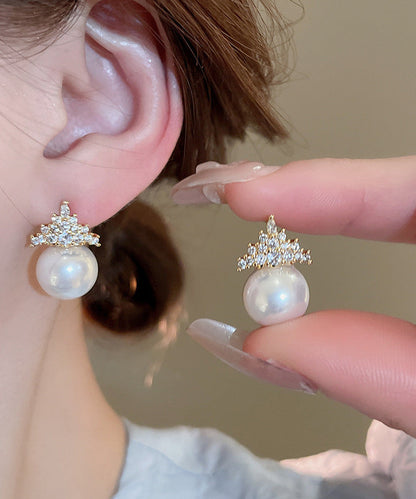 Modern Gold Copper Alloy Zircon Crown Pearl Stud Earrings WZ009