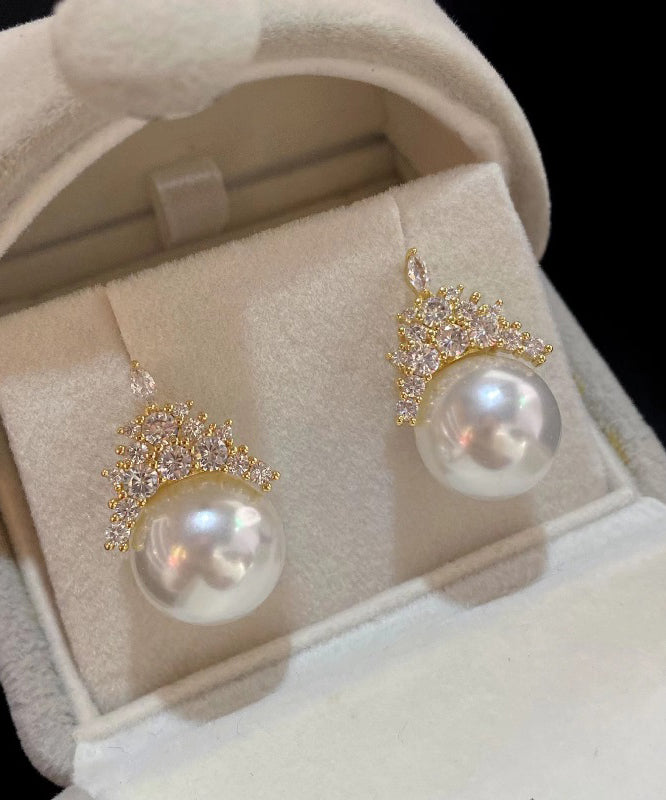 Modern Gold Copper Alloy Zircon Crown Pearl Stud Earrings WZ009