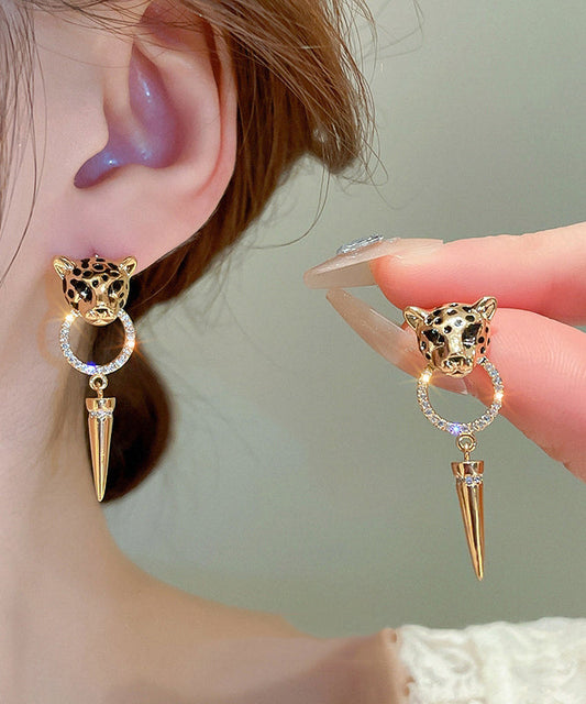 Modern Gold Metal Overgild Zircon Leopard Head Cone Tassel Drop Earrings ZZ029