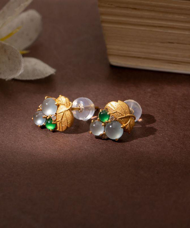 Earrings Gold Stud Overgild Sterling Silver Jade Grape Modern