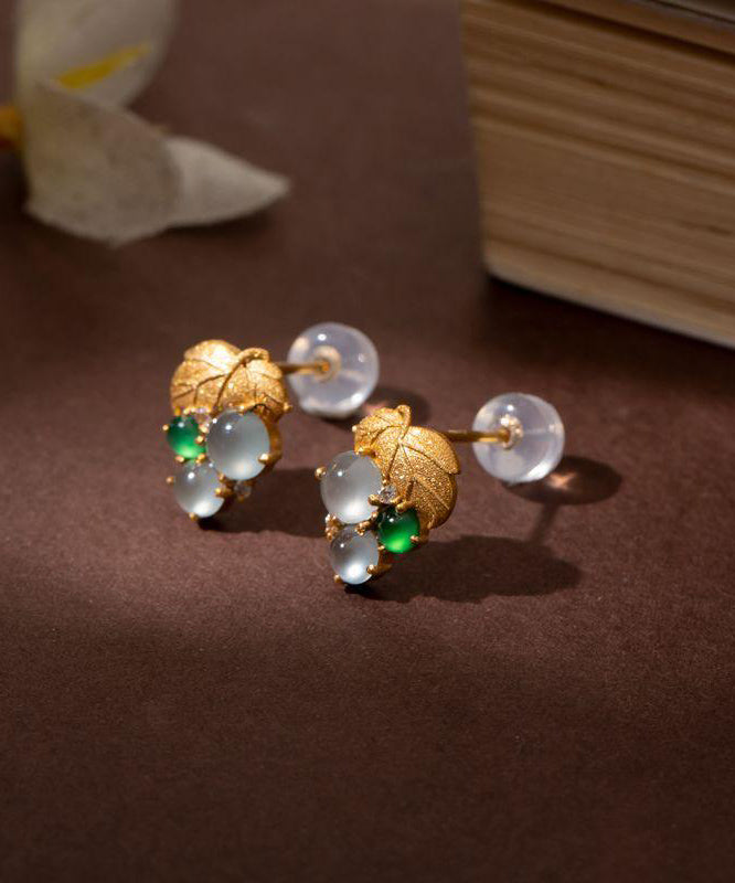 Earrings Gold Stud Overgild Sterling Silver Jade Grape Modern
