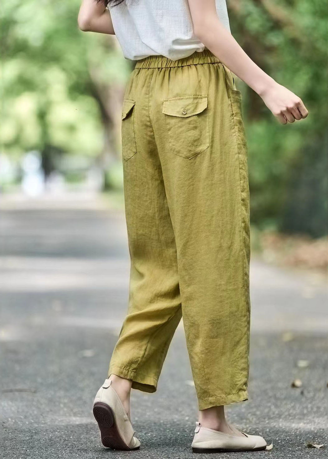 Modern Pants Linen Oversized Green Grass Elastic Waist Harem