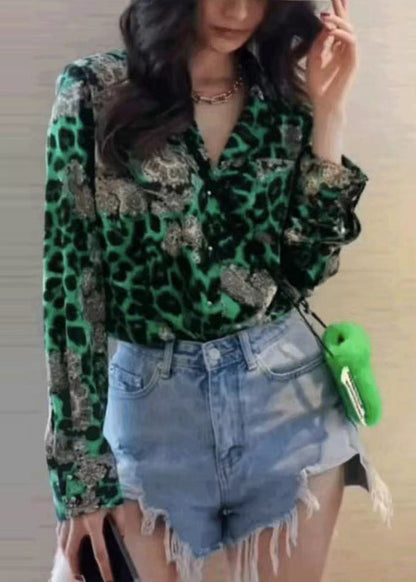 Modern Green Leopard Chiffon Top Fall Blouse Print