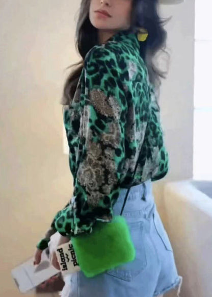 Modern Green Leopard Chiffon Top Fall Blouse Print