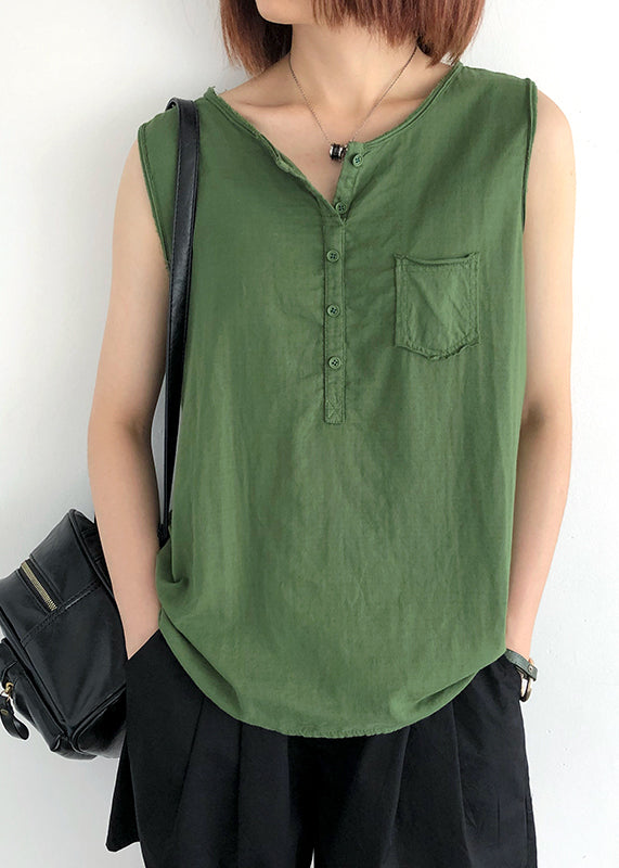 Linen Green Modern Sleeveless O-Neck Tops