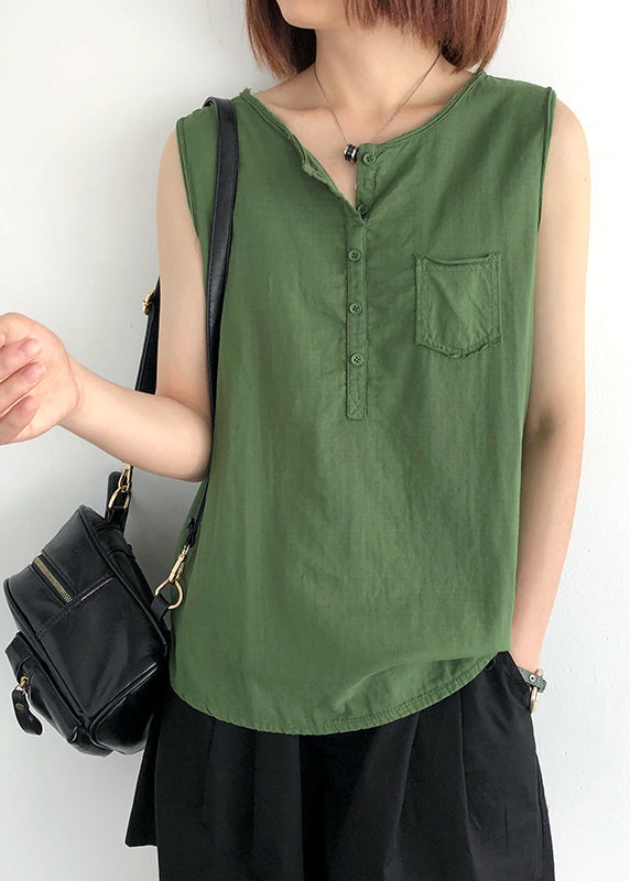 Linen Green Modern Sleeveless O-Neck Tops
