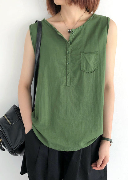 Linen Green Modern Sleeveless O-Neck Tops