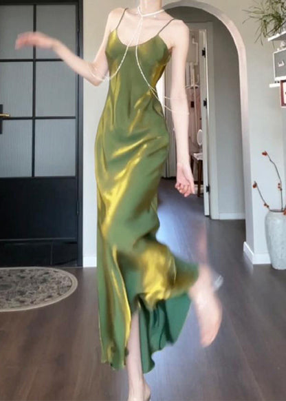 Modern Green Maxi Silk Draping Strap Slash Neck Spaghetti