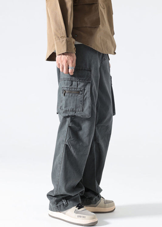 Pants High Mens Spring Waist Grey Cotton Pockets Modern