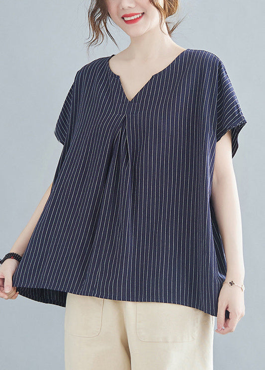 Top Striped Blue Short Sleeve V Navy Modern Neck