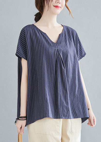 Top Striped Blue Short Sleeve V Navy Modern Neck