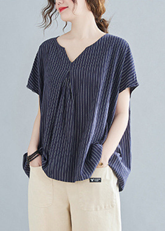 Top Striped Blue Short Sleeve V Navy Modern Neck