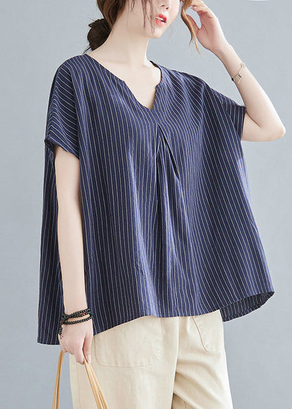 Top Striped Blue Short Sleeve V Navy Modern Neck