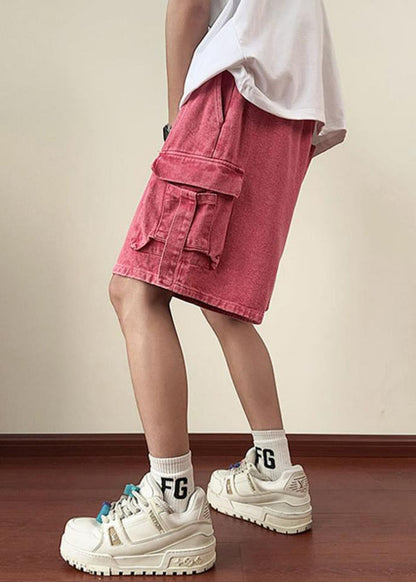 Denim Shorts Summer Elastic Waist Modern Pockets Men Pink