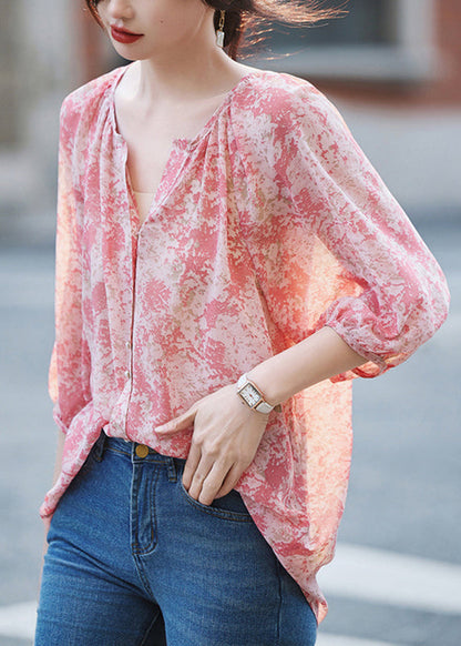 Modern Pink V Neck Print Button Shirt Long Sleeve WW022