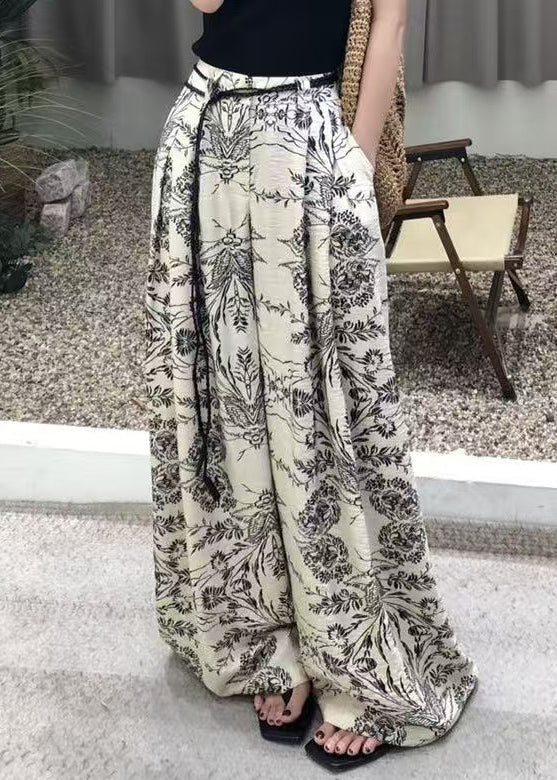 Modern Fall Leg Cotton Pockets Waist Print Wide Pants High