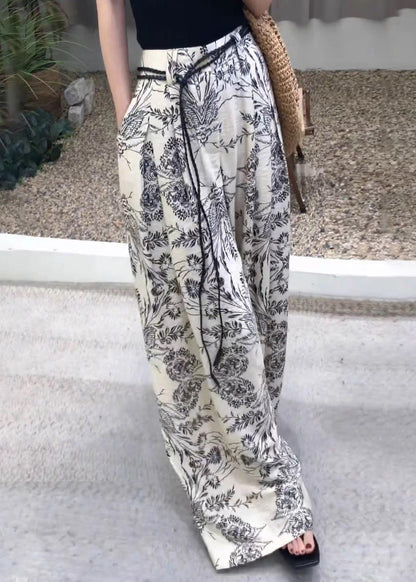 Modern Fall Leg Cotton Pockets Waist Print Wide Pants High