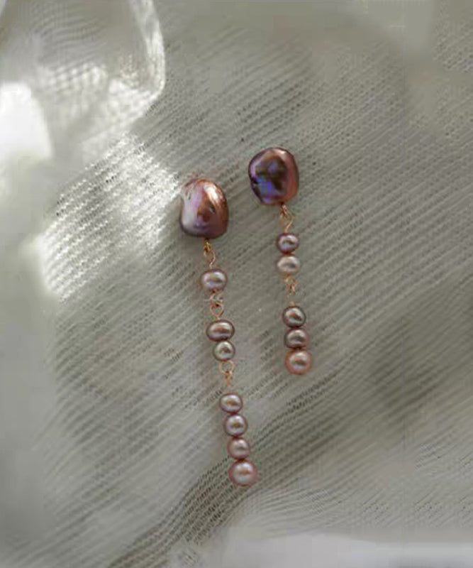 Pearl Earrings Metal Drop Purple Asymmetrical Modern