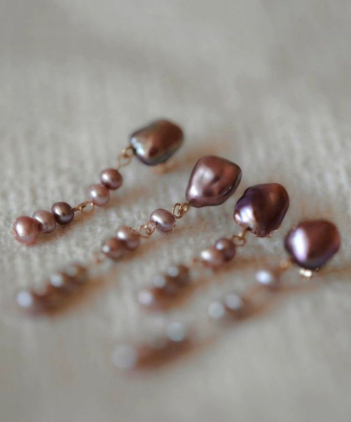 Pearl Earrings Metal Drop Purple Asymmetrical Modern