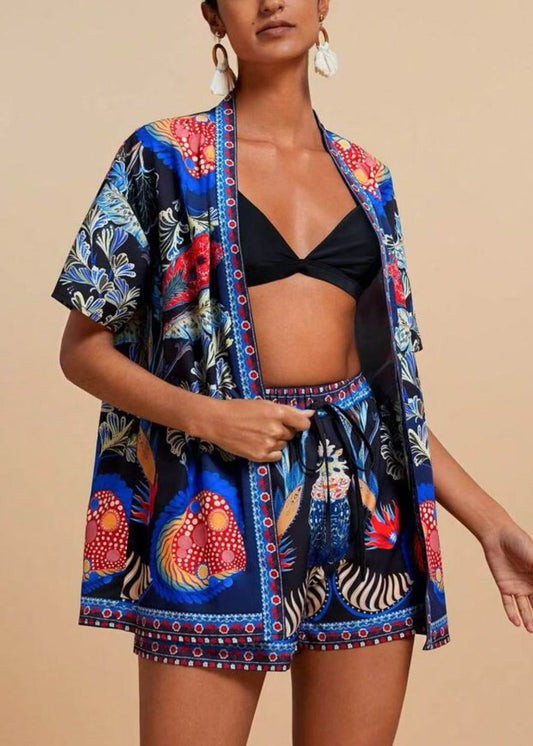 Blue Modern Pieces Neck And Shorts Royal Cardigans Two V Print