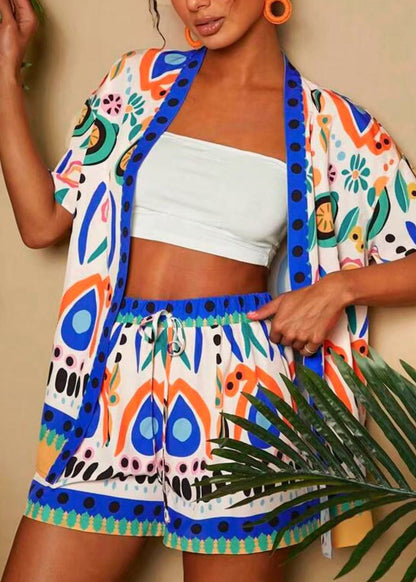 Blue Modern Pieces Neck And Shorts Royal Cardigans Two V Print