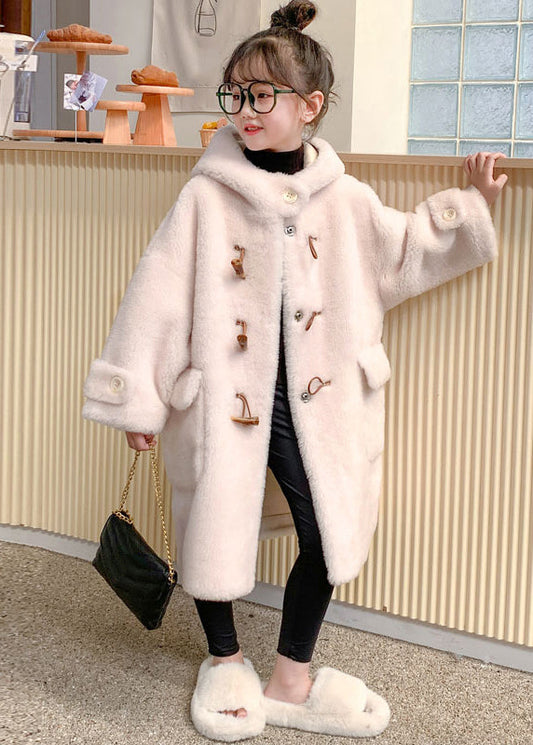 Modern White Button Girls Mink Velvet Long Hooded Coats Winter TG016
