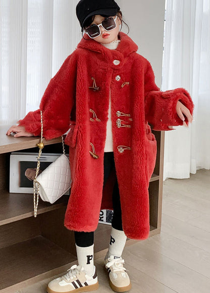 Modern White Button Girls Mink Velvet Long Hooded Coats Winter TG016