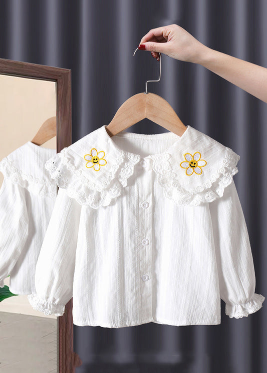 Modern White O-Neck Lace Patchwork Kids Shirt Long Sleeve SS1016