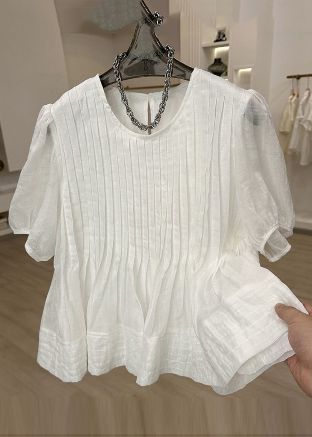 Modern White O-Neck Wrinkled Patchwork Top Short Sleeve VB1074