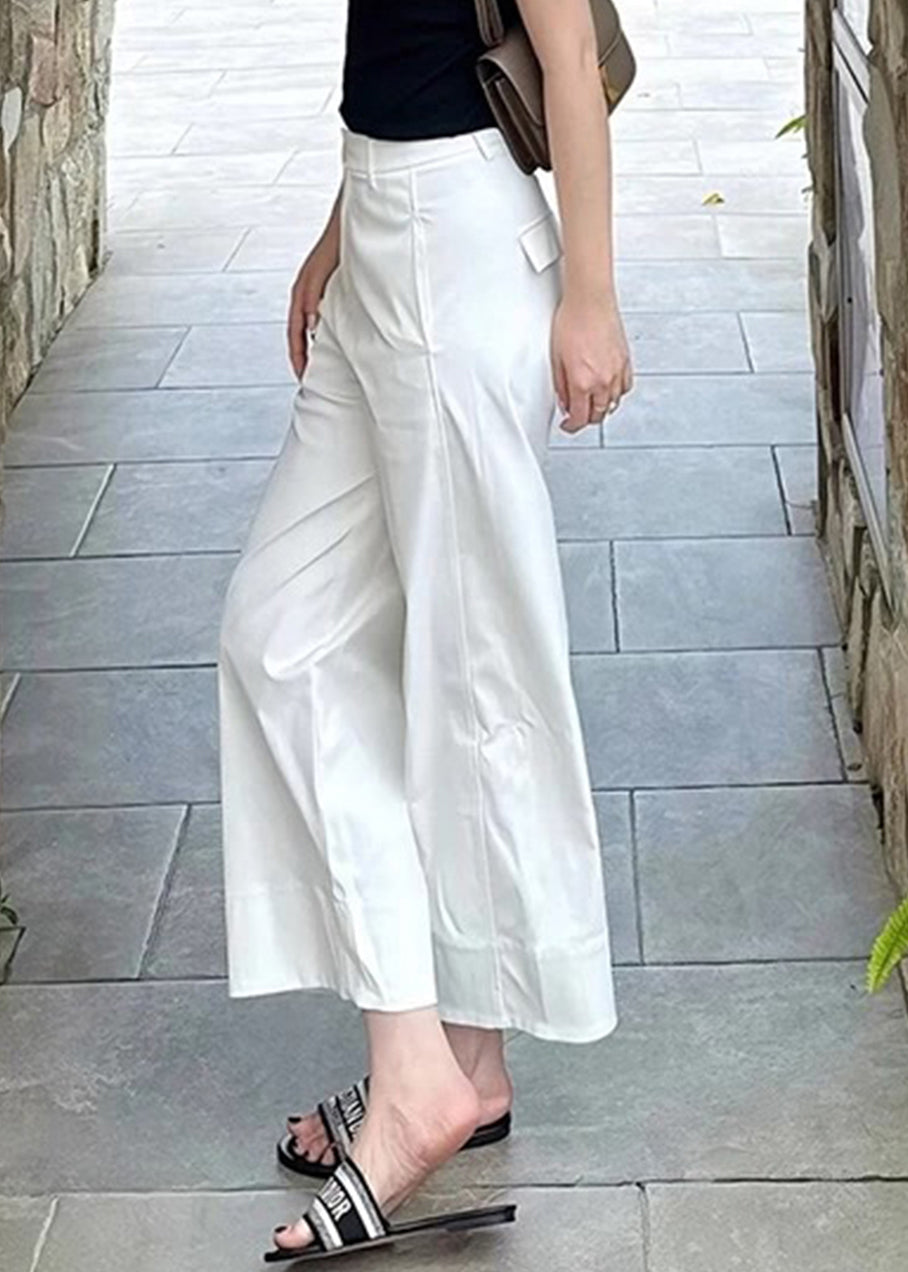 Modern High Crop Summer White Pants Waist Pockets Cotton