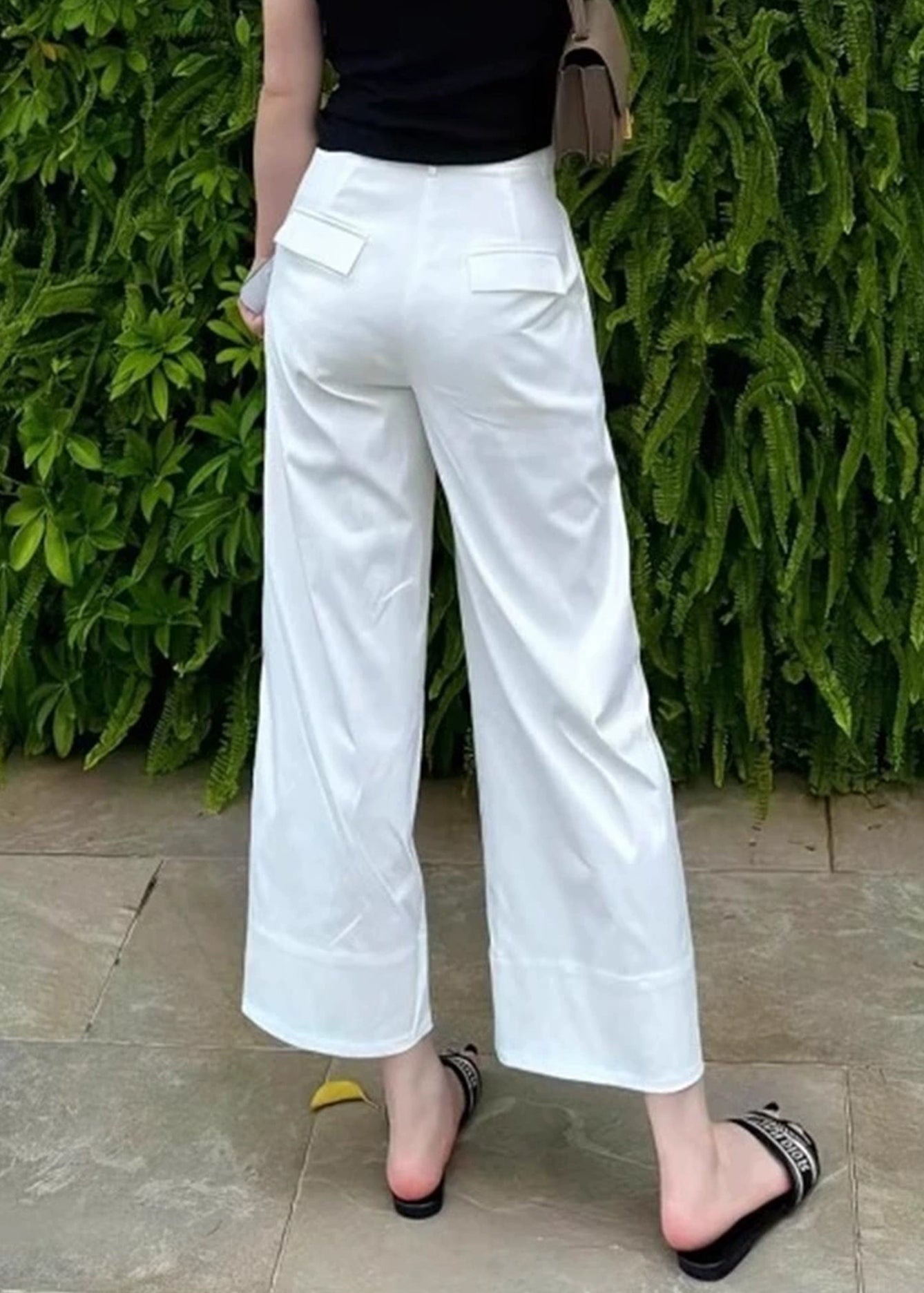 Modern High Crop Summer White Pants Waist Pockets Cotton