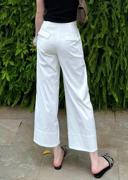 Modern High Crop Summer White Pants Waist Pockets Cotton