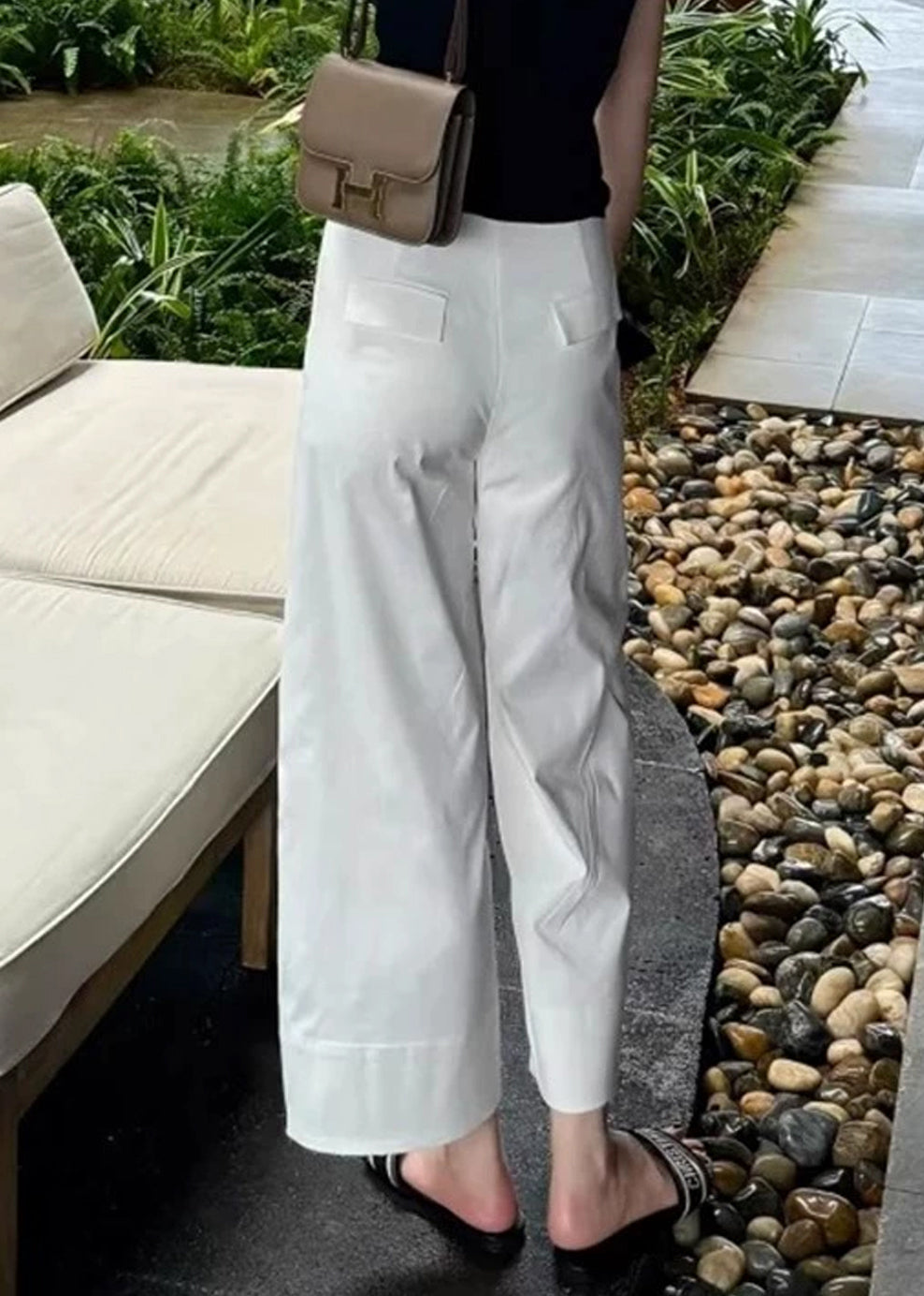 Modern High Crop Summer White Pants Waist Pockets Cotton
