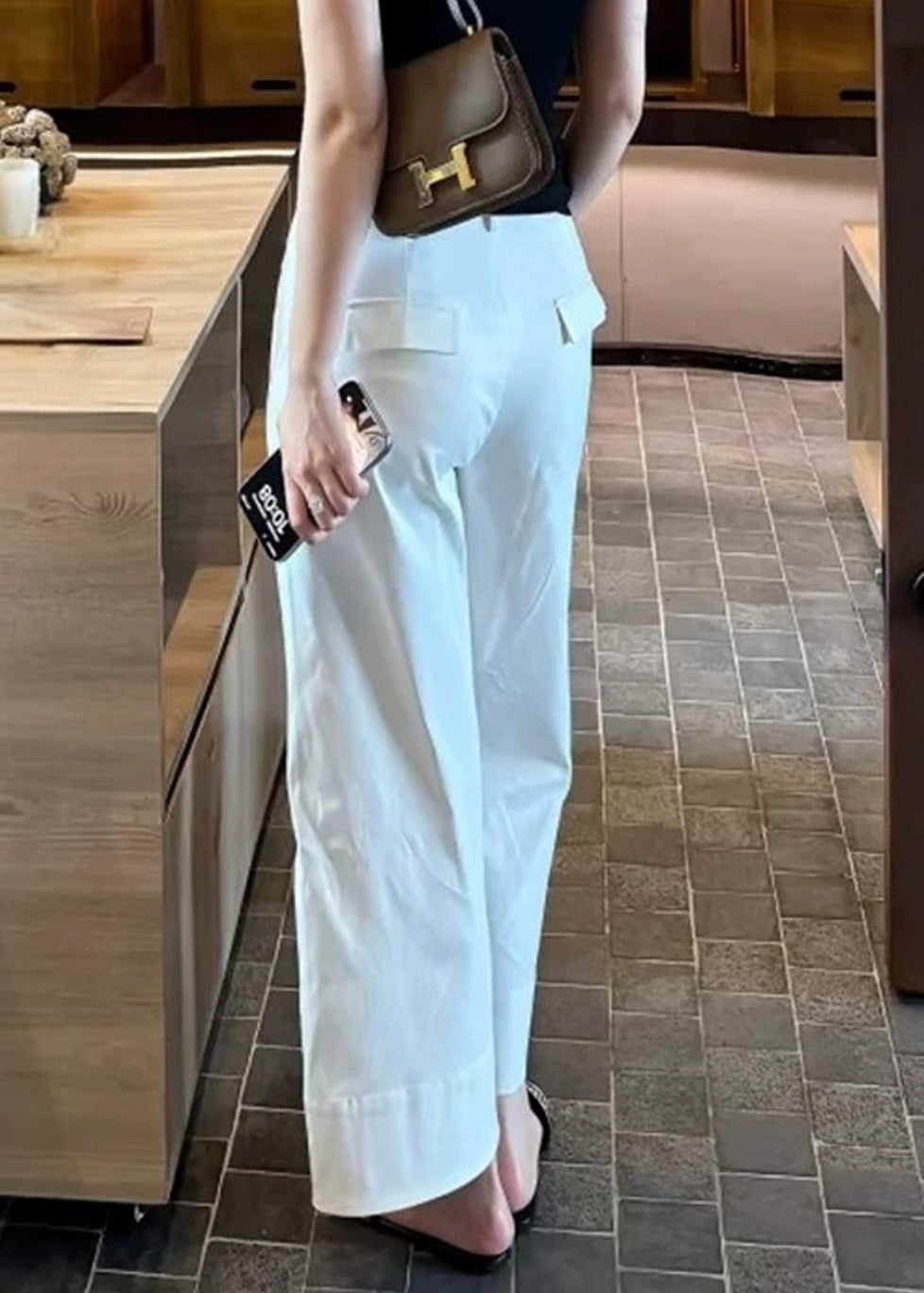 Modern High Crop Summer White Pants Waist Pockets Cotton