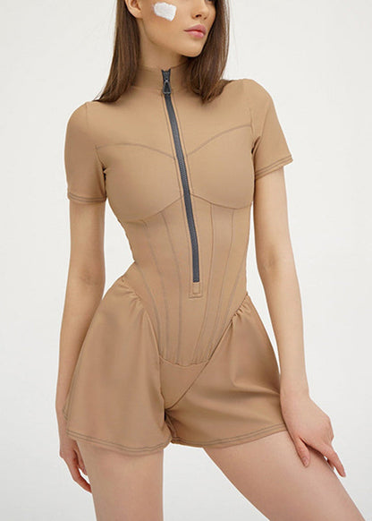 White Stand Modern Zippered Tops Collar Bodysuit