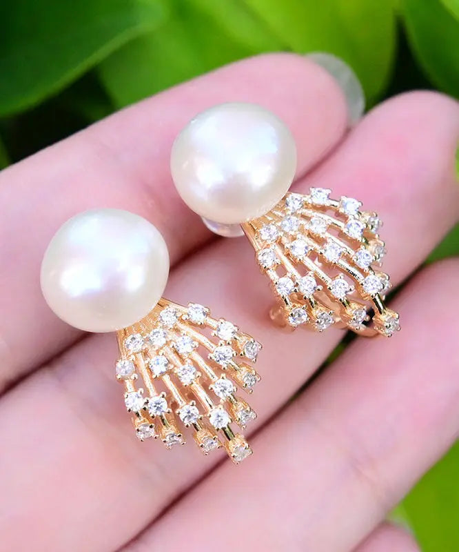 Modern White Sterling Silver Overgild Jade Zircon Stud Earrings Ada Fashion