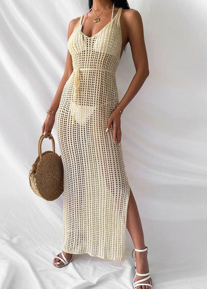 Modern White V-Neck Hollow Out Low High Design Maxi Knit Swimwear Cover Up Dress VC064