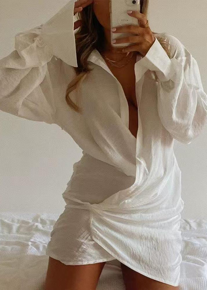 White V Cotton Patchwork Shirt Modern Dress Mini Summer Neck