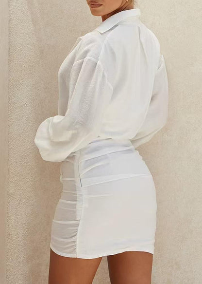 White V Cotton Patchwork Shirt Modern Dress Mini Summer Neck