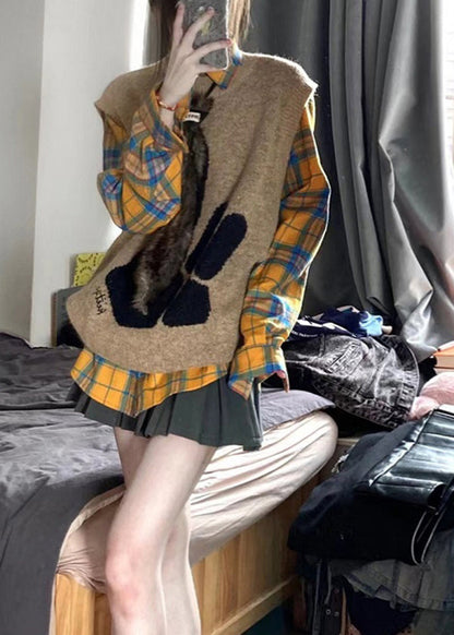 Modern Yellow Plaid Knit Vest And Shirts Two Pieces Set Spring TN046